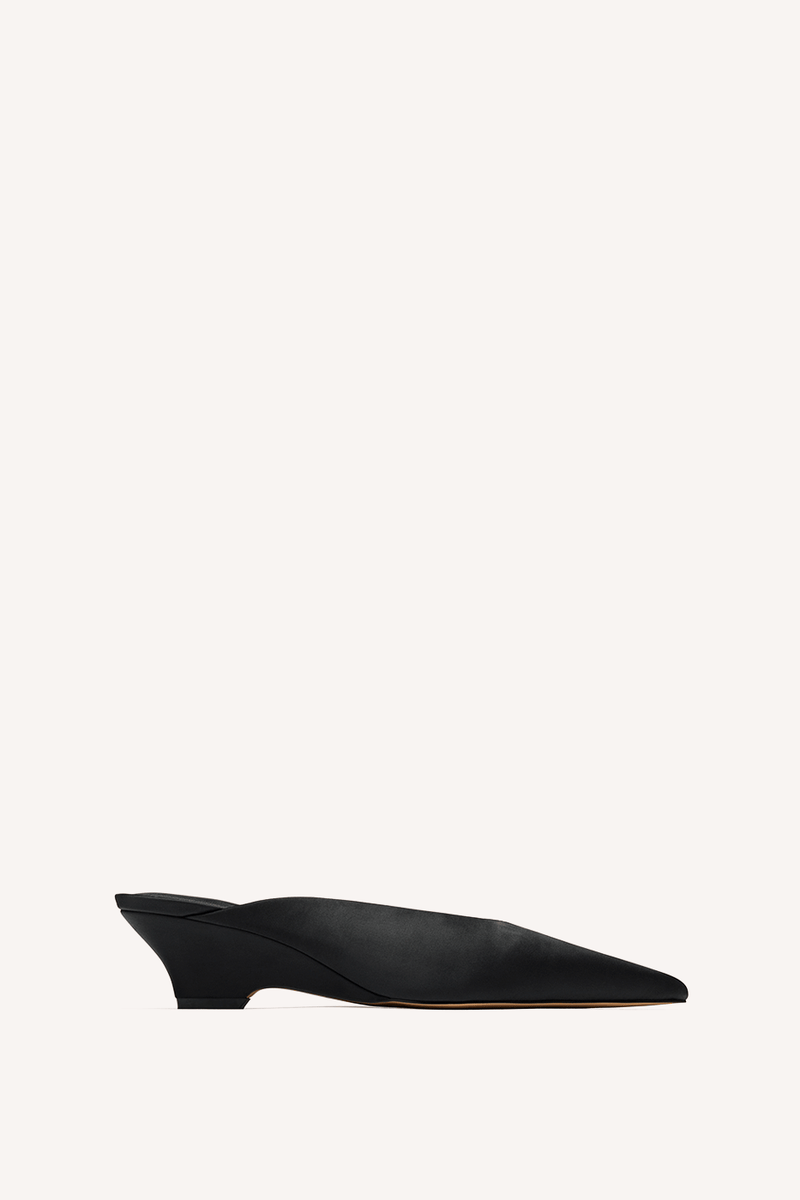 Nelson Made black satin point toe mule slipper with a low wedge, shown in profile against a solid off-white background.
